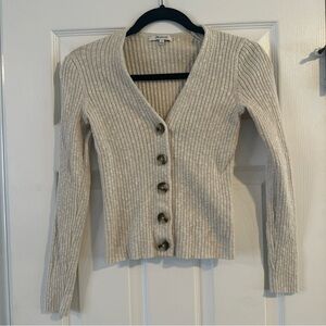 Madewell Shrunken Ribbed Cotton Blend Tan V-Neck Cardigan Big Buttons